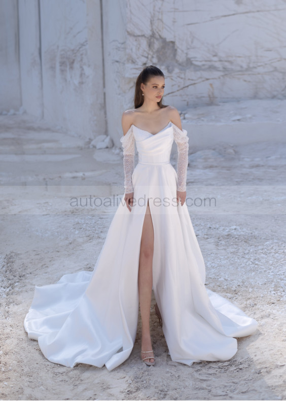 Long Sleeves Beaded Ivory Lace Satin Slit Sexy Wedding Dress Long Sleeves Beaded Ivory Lace Satin Slit Sexy Wedding Dress